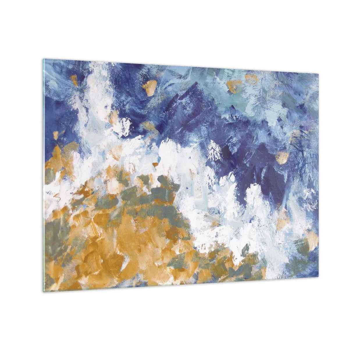 Schilderen op glas - Abstracte verfstreken in blauw, wit en goud - 70x50cm - Dans der Elementen - Moderne wanddecoratie voor woonkamer en slaapkamer ARTTOR