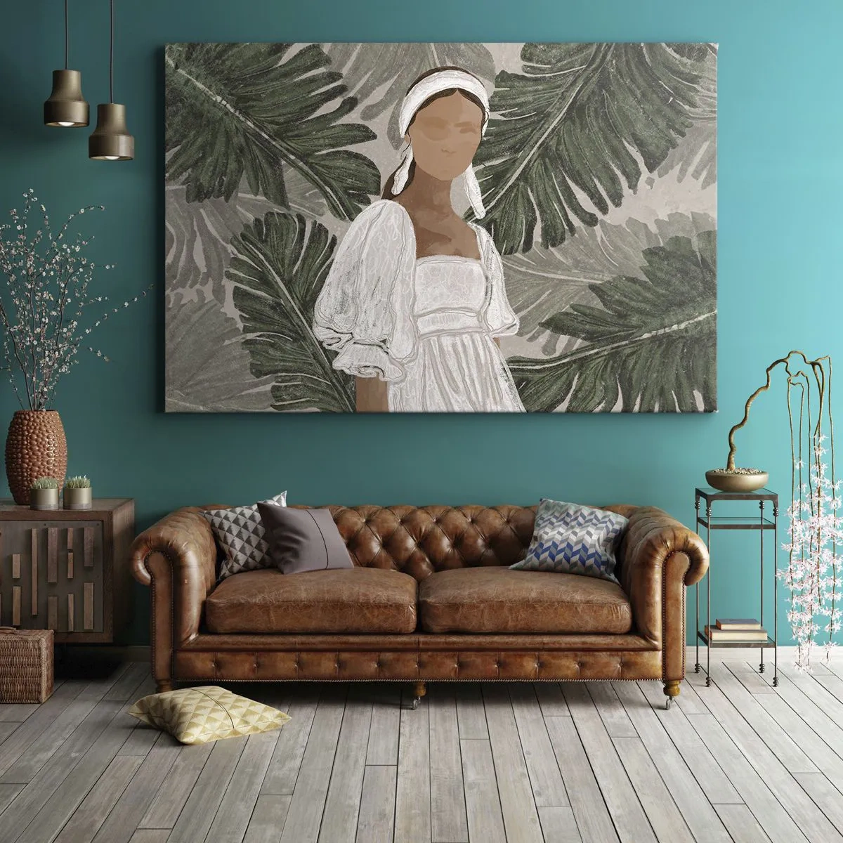 Schilderen op canvas - Portret van een vrouw in een witte jurk tegen een achtergrond van monsterabladeren - 70x50cm - Exotisch portret - Moderne wanddecoratie voor woonkamer en slaapkamer ARTTOR