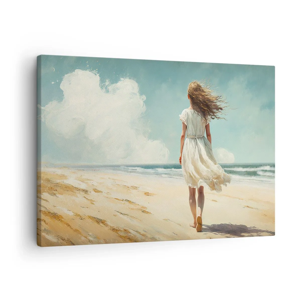 Schilderen op canvas - Een vrouw in een witte jurk die op een zonnige dag over het strand loopt - 70x50cm - Om de zon en de wind te ontmoeten - Moderne wanddecoratie voor woonkamer en slaapkamer ARTTOR