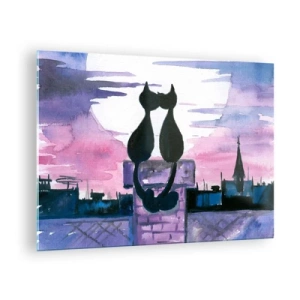 Schilderen op glas - Silhouetten van twee katten tegen de ondergaande zon - 70x50cm - Afspraak onder de maan - Moderne wanddecoratie voor woonkamer en slaapkamer ARTTOR