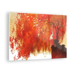 Schilderen op glas - Rode bladeren, een eenzame boom en vogels in een herfsttafereel - 70x50cm - Zal hij met hen vliegen? - Moderne wanddecoratie voor woonkamer en slaapkamer ARTTOR