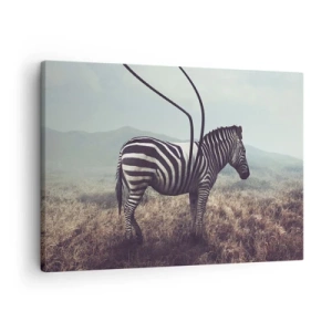 Schilderen op canvas - Een surrealistische zebra tegen een grasachtig landschap - 70x50cm - Aandacht! Gebrek - Moderne wanddecoratie voor woonkamer en slaapkamer ARTTOR