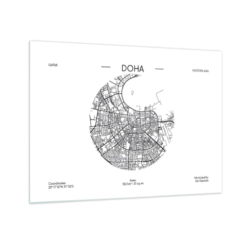 Schilderen op glas - Een grafische kaart van Doha in een minimalistische zwart-witstijl. - 70x50cm - Anatomie van Doha - Moderne wanddecoratie voor woonkamer en slaapkamer ARTTOR