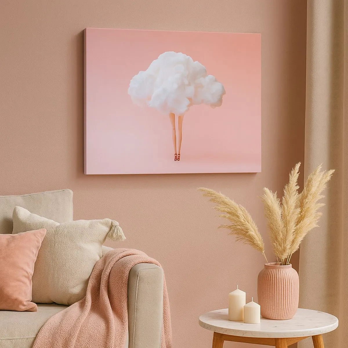 Schilderen op canvas - Benen in een wolk op een roze achtergrond - 70x50cm - Zoete belofte - Moderne wanddecoratie voor woonkamer en slaapkamer ARTTOR