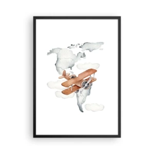 Poster in een zwarte lijst - Een dubbeldekker boven een wereldkaart in de wolken - 50x70cm - In een pioniersgeest - Moderne wanddecoratie voor woonkamer en slaapkamer ARTTOR