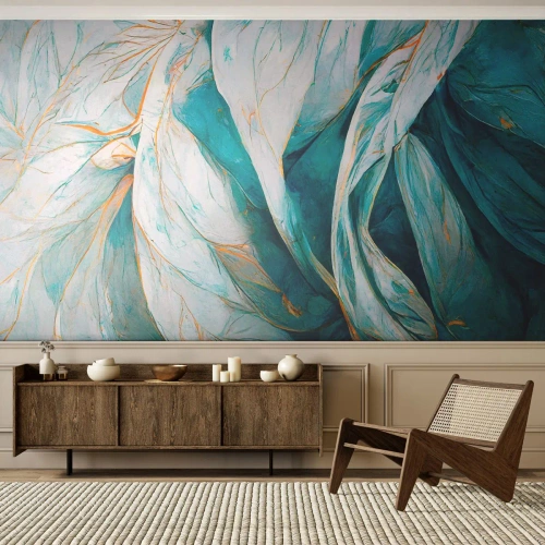 Fotobehang Premium Sand - Blauwe abstractie met een gouden motief - Deel, Art-deco, Subtiel - 400x280 cm