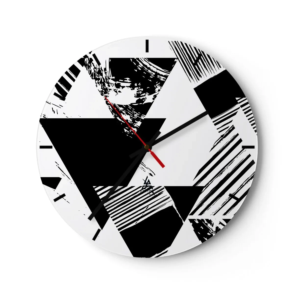 Wandklok - Klok - Zwart-witte geometrische compositie met driehoeken - 30x30cm - Regen van driehoeken - Moderne wanddecoratie voor woonkamer, keuken en slaapkamer ARTTOR