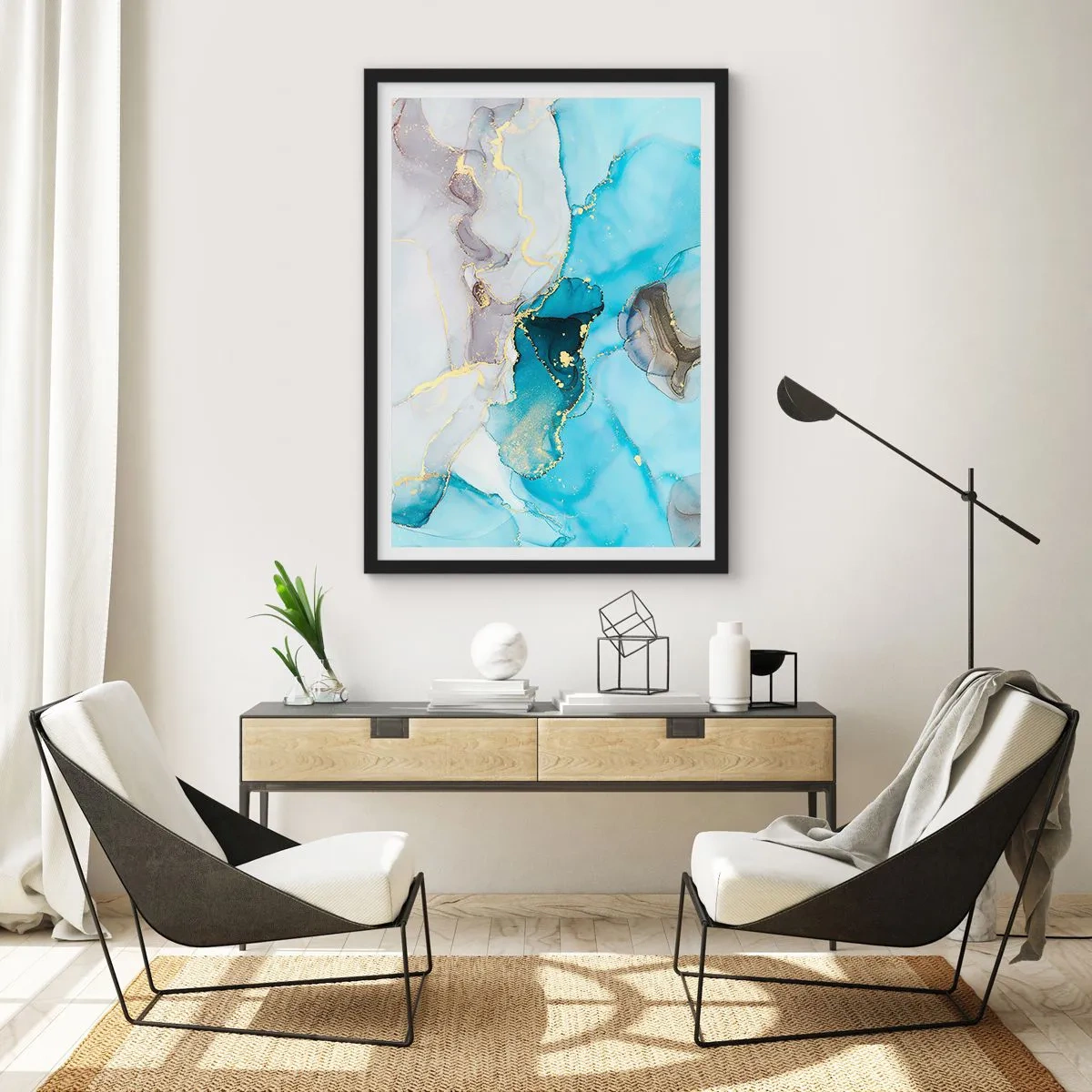 Poster in een zwarte lijst - Een studie van de ontmoeting van grijs en turkoois - 30x40 cm