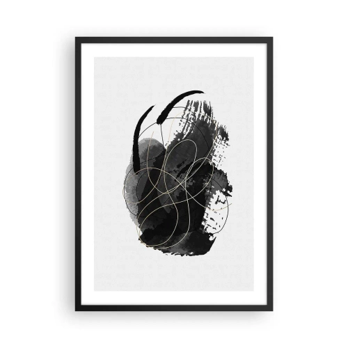 Poster in een zwarte lijst - Een abstracte compositie in zwart met delicate gouden lijnen. - 50x70cm - Gemaakt uit zwart - Moderne wanddecoratie voor woonkamer en slaapkamer ARTTOR