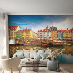 Fotobehang Premium Sand - Over het water zo glad als een spiegel - Landschap, Architectuur, Kopenhagen - 350x256 cm