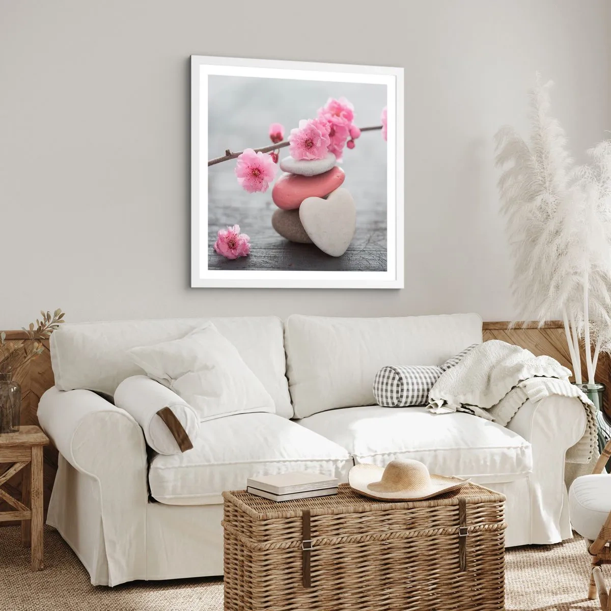 Poster in een witte lijst - Gelukzaligheid met een kersenbloesem - 60x60 cm