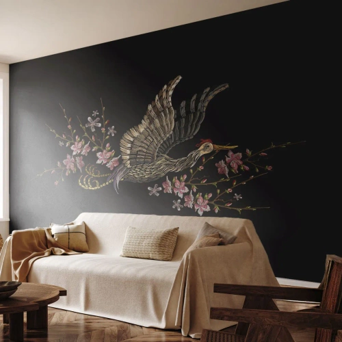 Fotobehang Premium Canvas - Exotische geborduurde vogel - Vogel, Grafisch, Bloemen - 250x175 cm