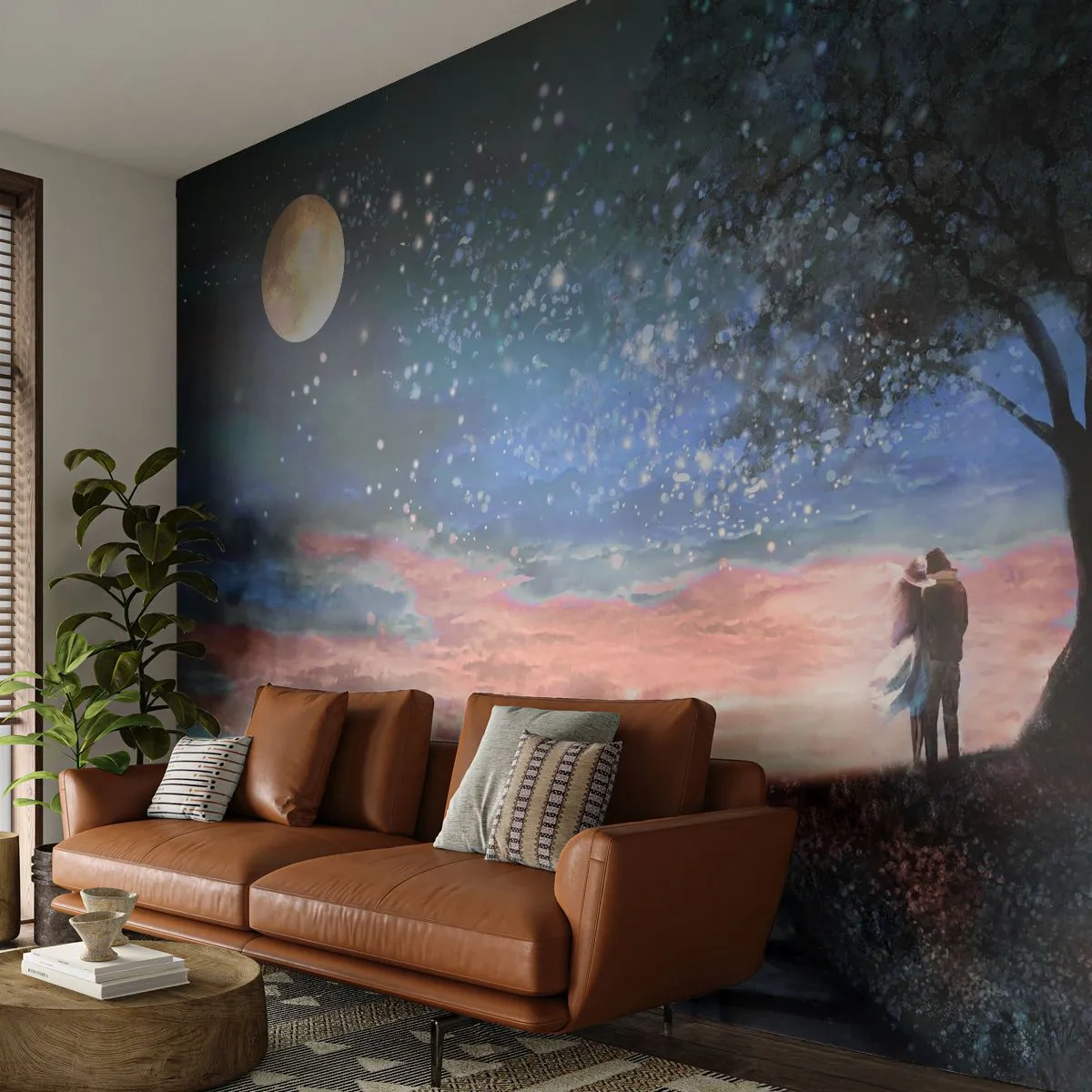 Zelfklevend Fotobehang Deluxe Sticker - Een sterrenspektakel - Abstractie, Landschap, Een paar geliefden - 250x175 cm