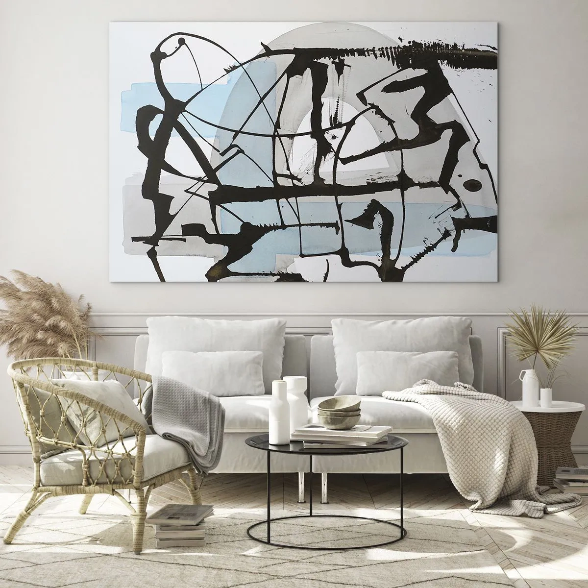 Schilderen op glas - Abstracte compositie met een zwarte schets en blauwe vlekken - 70x50cm - Toch blauw - Moderne wanddecoratie voor woonkamer en slaapkamer ARTTOR