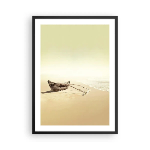 Poster in een zwarte lijst - Een eenzame houten boot op een leeg strand in pastelkleuren. - 50x70cm - Geheugen van de Stille Zuidzee - Moderne wanddecoratie voor woonkamer en slaapkamer ARTTOR