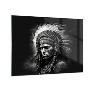 Schilderen op glas - Zwart-witportret van een krijger met een veren hoofdtooi - 70x50cm - Een leider en strijder - Moderne wanddecoratie voor woonkamer en slaapkamer ARTTOR