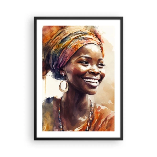 Poster in een zwarte lijst - Portret van een lachende vrouw in een kleurrijke tulband - 50x70cm - Afrikaanse koningin - Moderne wanddecoratie voor woonkamer en slaapkamer ARTTOR