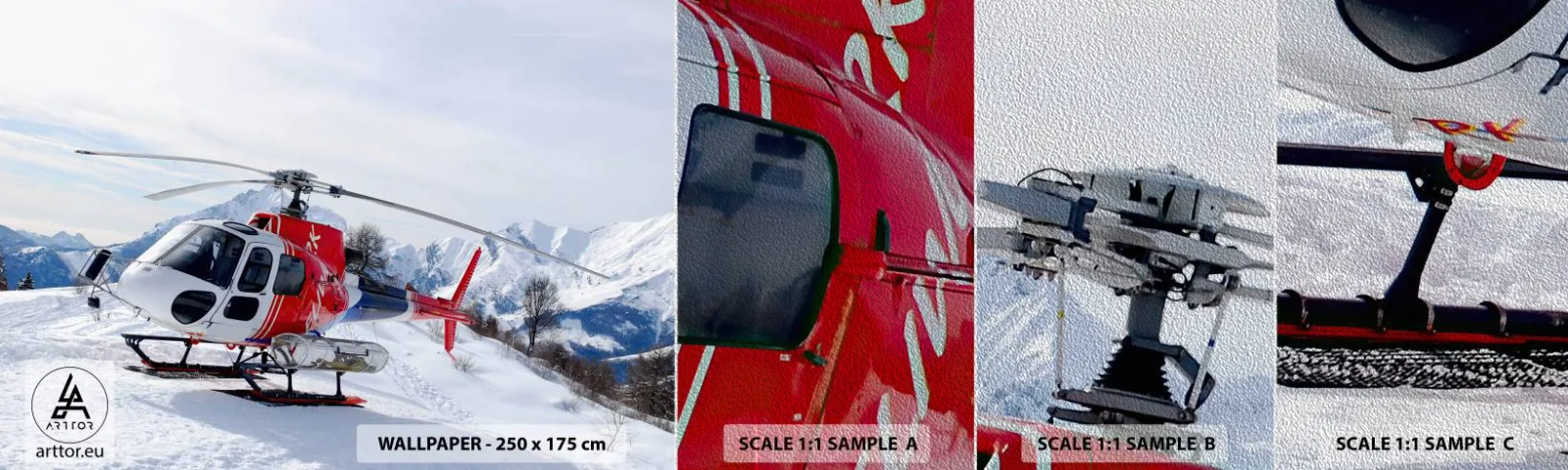 Fotobehang Monster Premium Sand - Altijd klaar - Helikopter, Landschap, Alpen - 100x30 cm