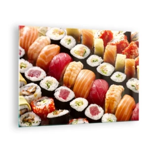 Schilderen op glas - Een kleurrijke sushicompositie met verschillende ingrediënten - 70x50cm - Kleuren en smaken van Azië - Moderne wanddecoratie voor woonkamer en slaapkamer ARTTOR