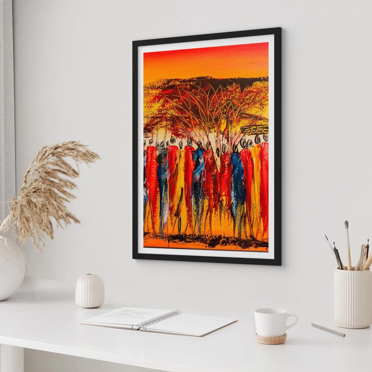 Poster in een zwarte lijst - Abstract Afrikaans tafereel met levendige kleuren - 50x70cm - Daar, daar, daar gaan ze - Moderne wanddecoratie voor woonkamer en slaapkamer ARTTOR