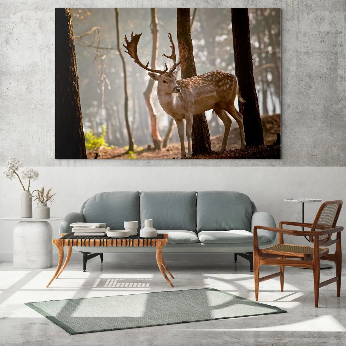 Schilderen op glas - Een hert in het bos, omringd door ochtendmist - 70x50cm - Het licht van de jeugd - Moderne wanddecoratie voor woonkamer en slaapkamer ARTTOR
