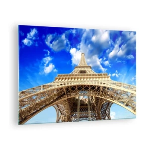 Schilderen op glas - De Eiffeltoren van bovenaf gezien tegen de lucht - 70x50cm - Reiken naar de hemel en de wolken - Moderne wanddecoratie voor woonkamer en slaapkamer ARTTOR