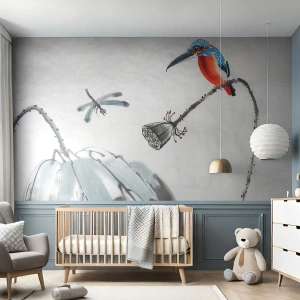 Fotobehang Premium Canvas - Het leven van de weide - Abstractie, Vogel, Bloem - 350x256 cm