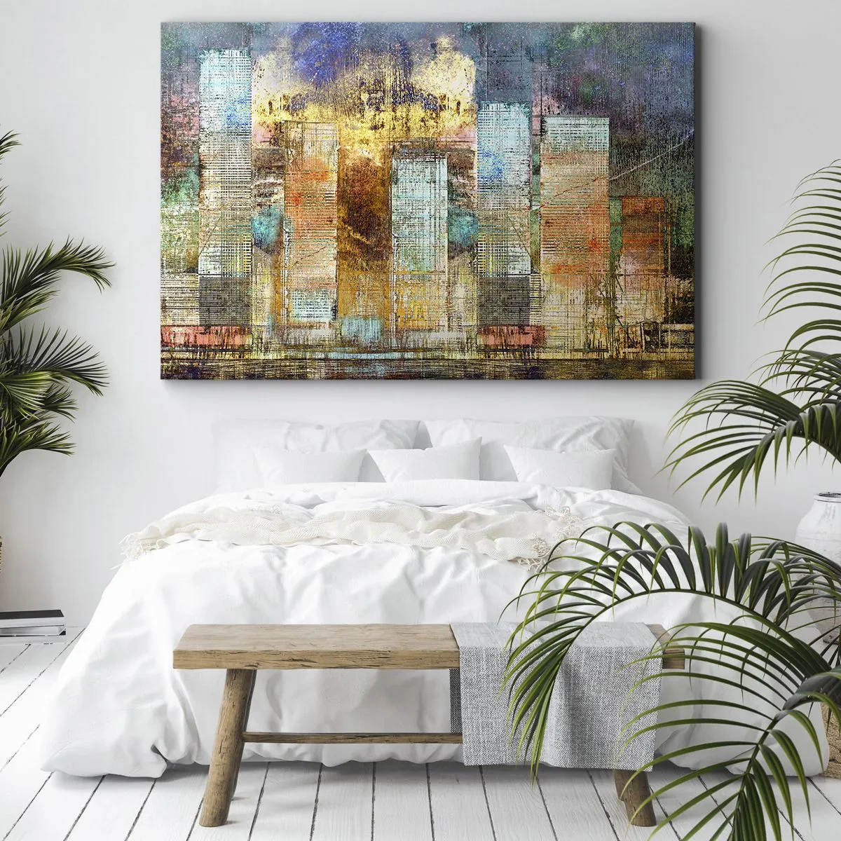 Schilderen op canvas - Abstracte wolkenkrabbers in industriële stijl - 70x50cm - Een zonnige metropool - Moderne wanddecoratie voor woonkamer en slaapkamer ARTTOR