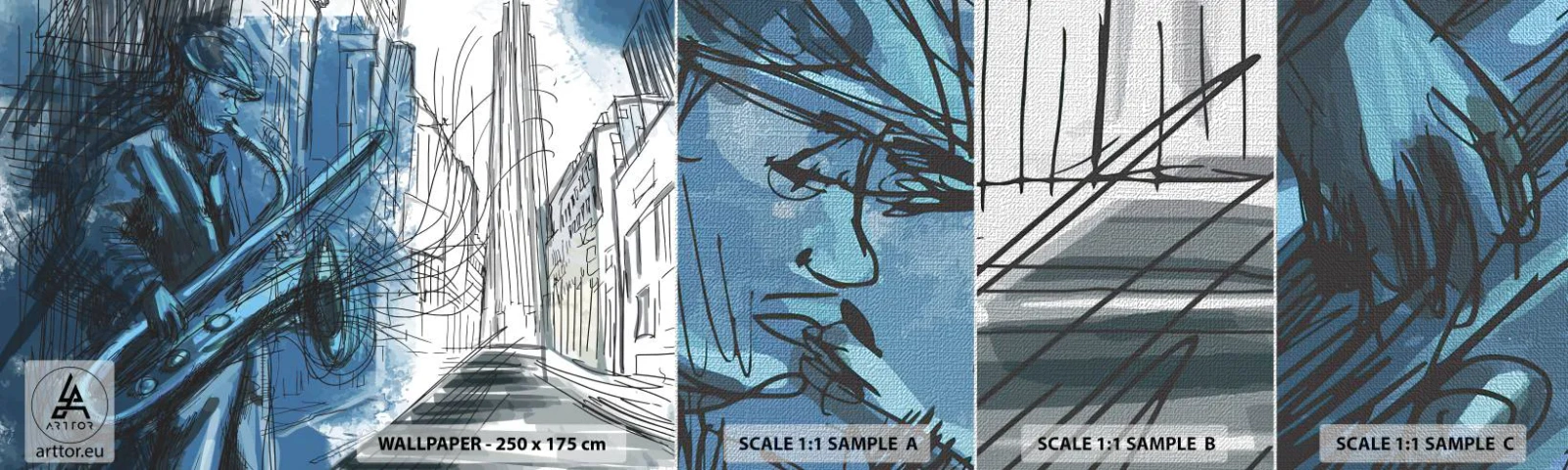 Fotobehang Monster Premium Canvas - Stedelijke Rapsodie - Saxofoon, Jazz, Muziek - 100x30 cm