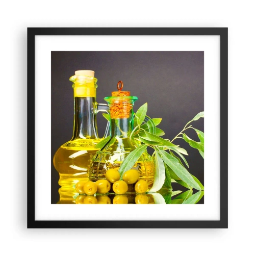 Poster in een zwarte lijst - Stilleven met olijven en olijfolie - 40x40 cm