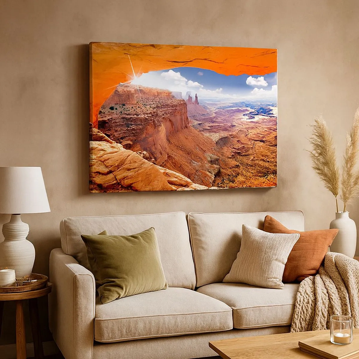 Schilderen op canvas - Canyon gezien door een rotsvenster met warme rotskleuren - 70x50cm - Door de natuur zelf gebeeldhouwd - Moderne wanddecoratie voor woonkamer en slaapkamer ARTTOR