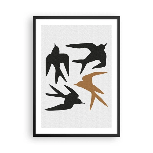 Poster in een zwarte lijst - Gestileerde silhouetten van zwaluwen op een lichte achtergrond - 50x70cm - Zwaluwen spel - Moderne wanddecoratie voor woonkamer en slaapkamer ARTTOR