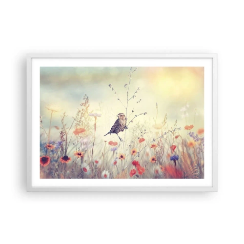 Poster in een witte lijst - Vogelportret met een weiland op de achtergrond - 70x50 cm