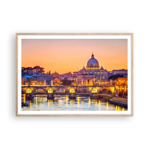 Een poster in een licht eiken lijst - Zonsondergang boven de Eeuwige Stad - 100x70 cm
