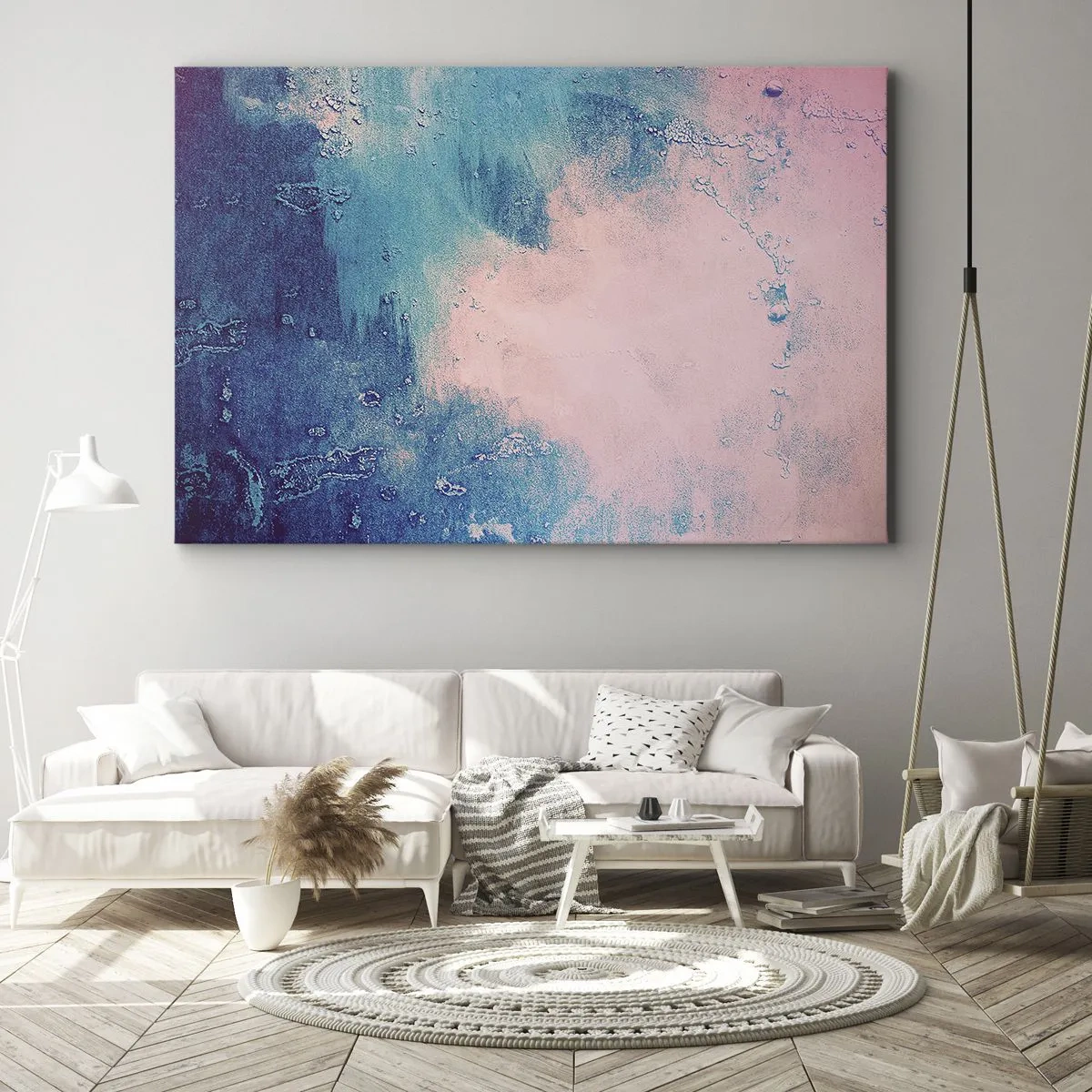 Schilderen op canvas - Abstracte textuur in tinten roze en blauw - 70x50cm - Hemelse omhelzingen - Moderne wanddecoratie voor woonkamer en slaapkamer ARTTOR