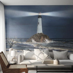 Fotobehang Premium Sand - Hier... hier... hier! - Landschap, Vuurtoren, Eiland - 400x280 cm