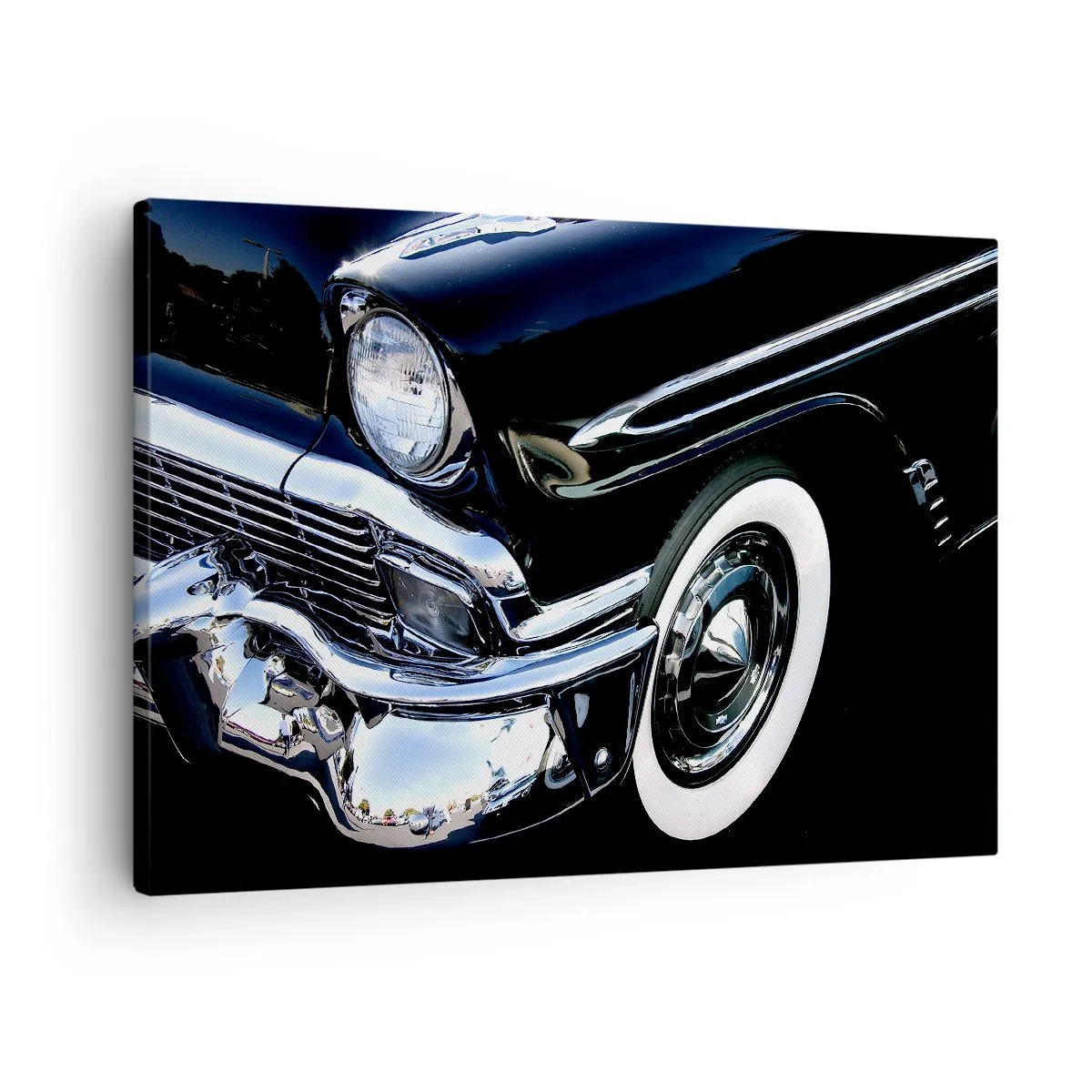 Schilderen op canvas - Close-up van koplamp en spatbord van een zwarte klassieke auto - 70x50cm - Klassiek in zilver, zwart en wit - Moderne wanddecoratie voor woonkamer en slaapkamer ARTTOR