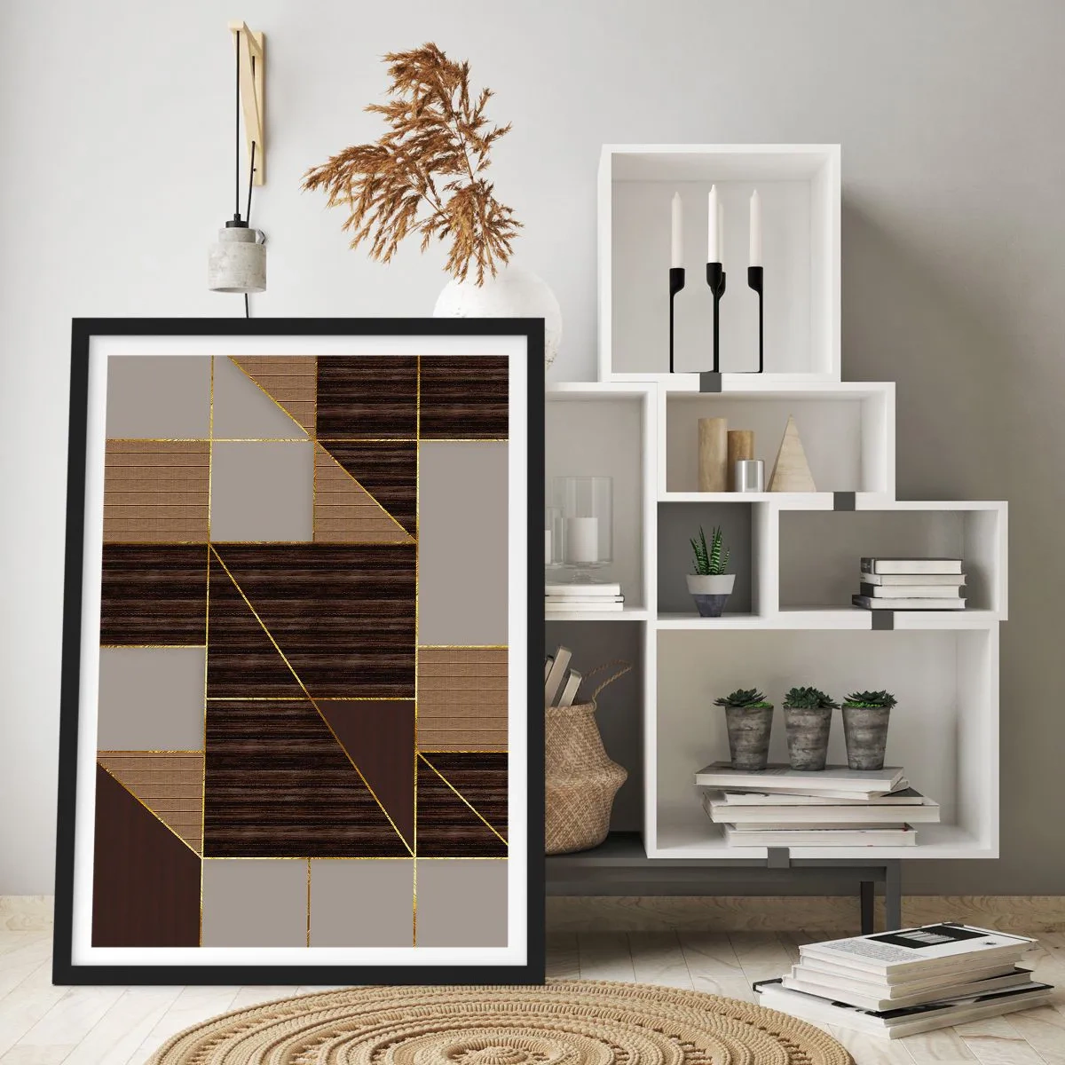 Poster in een zwarte lijst - Een mozaïek van bruin en goud - 61x91 cm