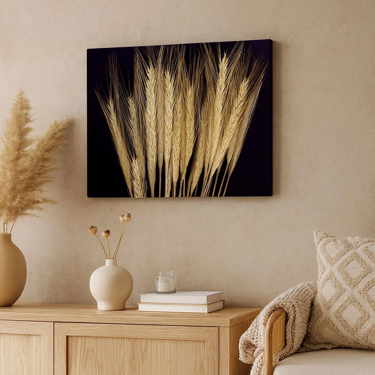 Schilderen op canvas - Korenaren op een zwarte achtergrond in een rustieke stijl - 70x50cm - Rustieke magie - Moderne wanddecoratie voor woonkamer en slaapkamer ARTTOR