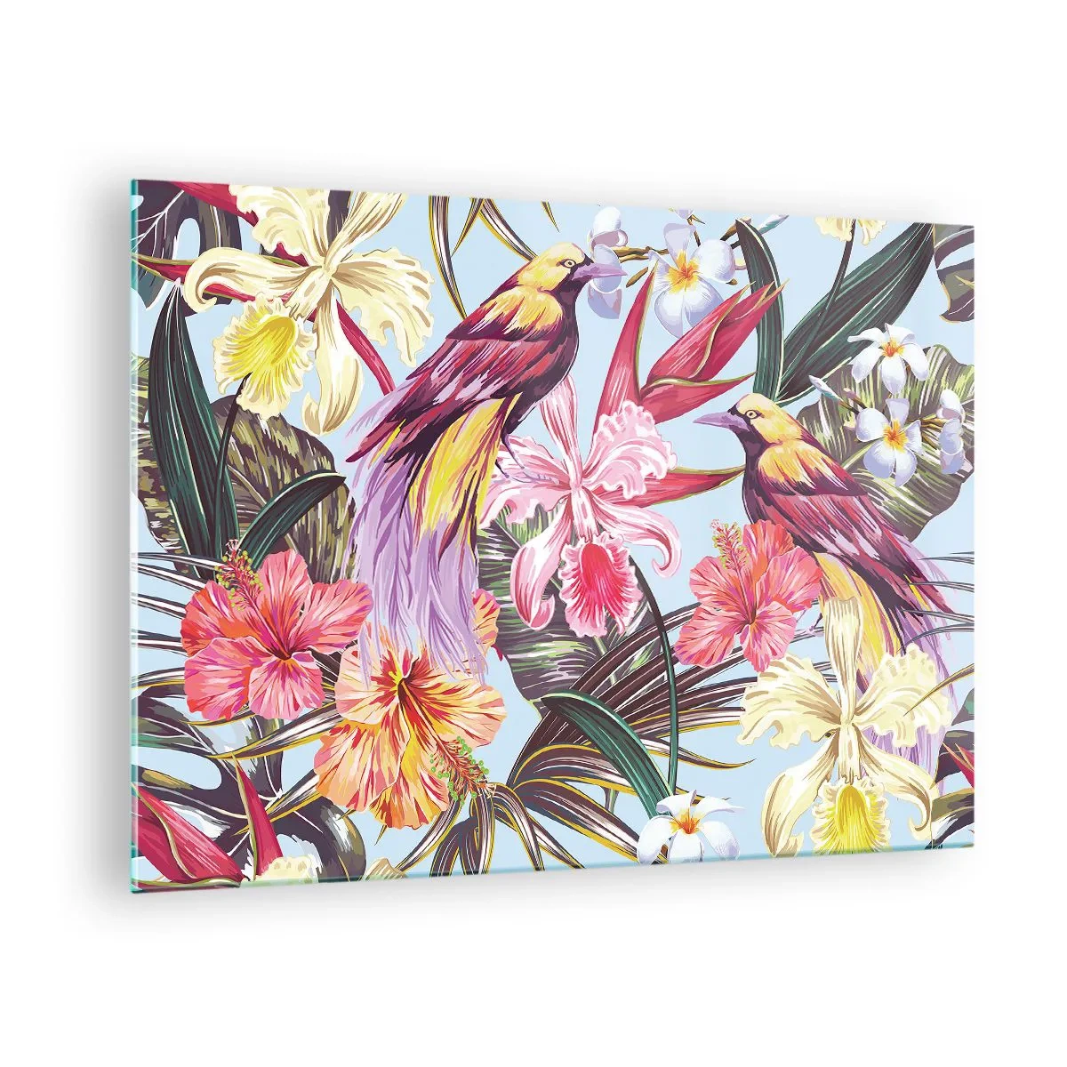 Schilderen op glas - Exotische vogels en bloemen op een lichte achtergrond - 70x50cm - Bloemblaadjes en veren - Moderne wanddecoratie voor woonkamer en slaapkamer ARTTOR