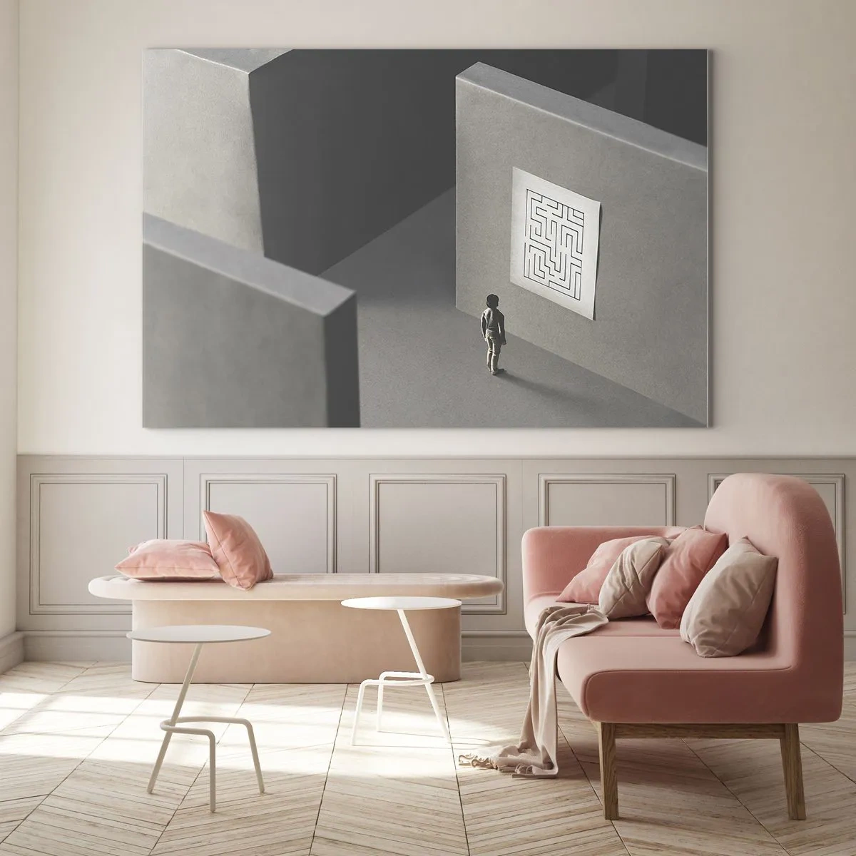 Schilderen op glas - Kind in een doolhof met een raadselsymbool - 70x50cm - Maar waar ben ik? - Moderne wanddecoratie voor woonkamer en slaapkamer ARTTOR