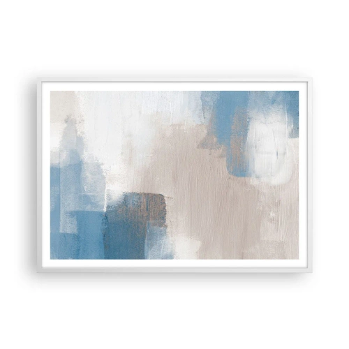 Poster in een witte lijst - Roze abstractie achter een blauw gordijn - 100x70 cm