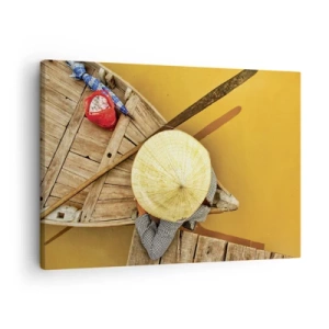Schilderen op canvas - Een traditionele boot gezien vanuit vogelperspectief - 70x50cm - Het leven op de Gele Rivier - Moderne wanddecoratie voor woonkamer en slaapkamer ARTTOR