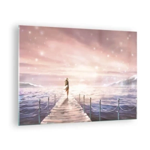 Schilderen op glas - Vrouw op de pier bij zonsondergang - 70x50cm - In het licht van een droom - Moderne wanddecoratie voor woonkamer en slaapkamer ARTTOR