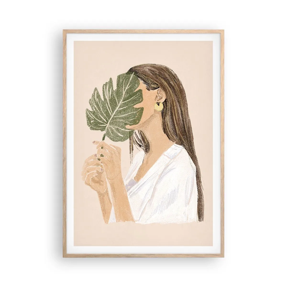 Een poster in een licht eiken lijst - Mysterieus portret met een waaier - 70x100 cm