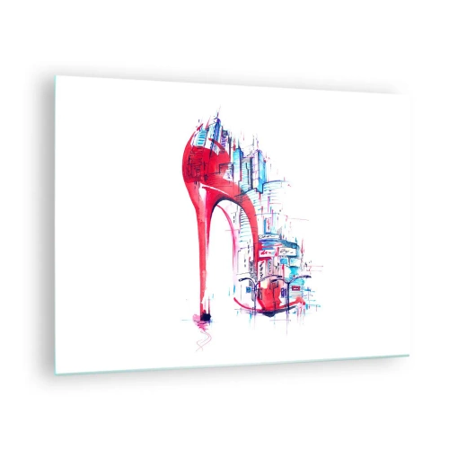 Schilderen op glas - Rode stiletto met een stedelijk architectuurmotief - 70x50cm - Een elegante vrouw uit de grote stad - Moderne wanddecoratie voor woonkamer en slaapkamer ARTTOR