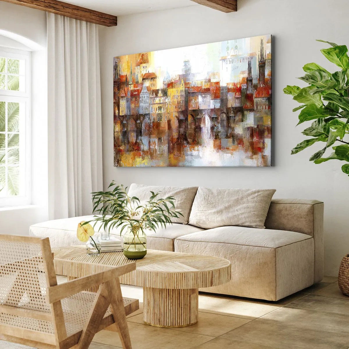 Schilderen op canvas - Een schilderachtig panorama van de stad met een brug in herfstkleuren - 70x50cm - Ook onder de brug is het mooi - Moderne wanddecoratie voor woonkamer en slaapkamer ARTTOR