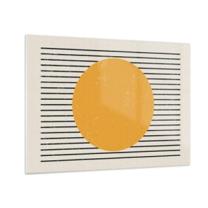 Schilderen op glas - Een oranje cirkel tegen een achtergrond van horizontale zwarte lijnen op een beige achtergrond. - 70x50cm - De kracht van eenvoud - Moderne wanddecoratie voor woonkamer en slaapkamer ARTTOR