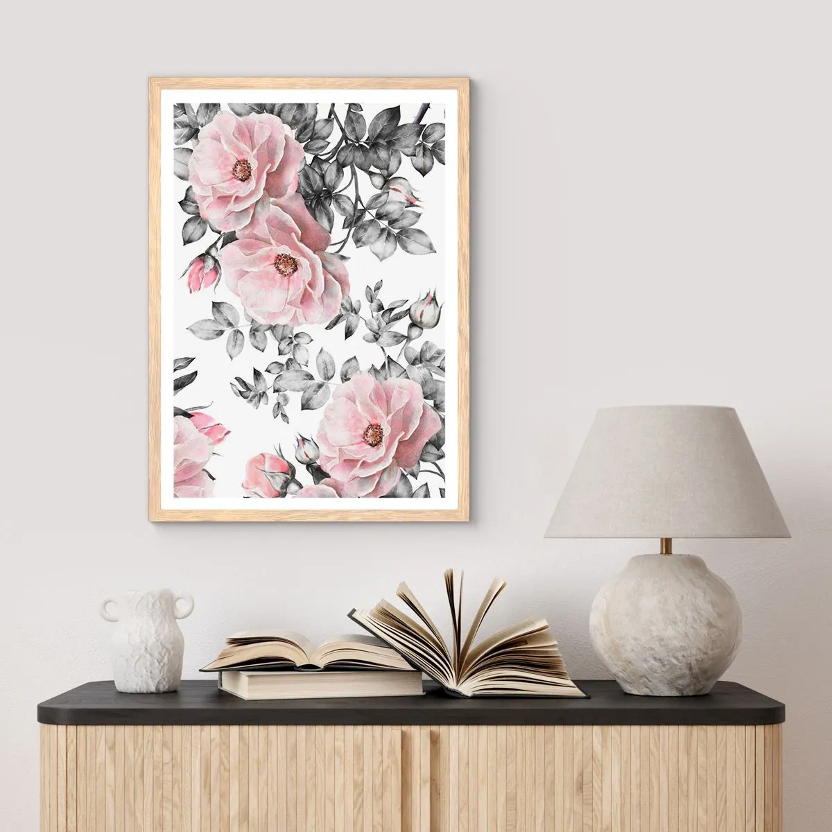 Een poster in een licht eiken lijst - Verdwalen in de bloemen van de rozen - 50x70 cm