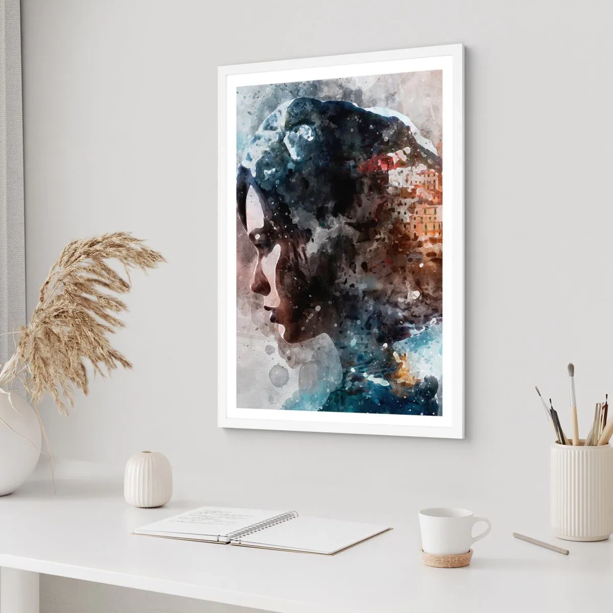 Poster in een witte lijst - Een verhaal over een meisje met een stad op de achtergrond - 70x100 cm